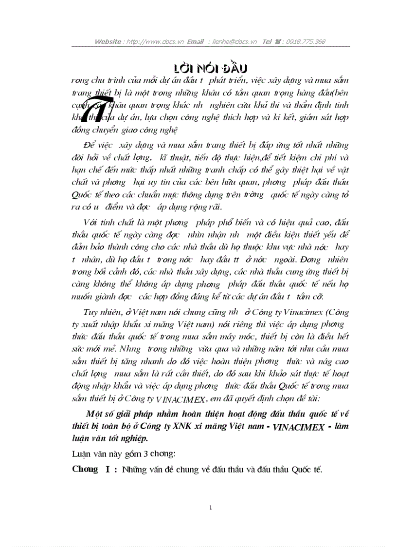 Một số giải pháp nhằm hoàn thiện hoạt động đấu thầu quốc tế về thiết bị toàn bộ ở Công ty XNK xi măng Việt nam VINACIMEX