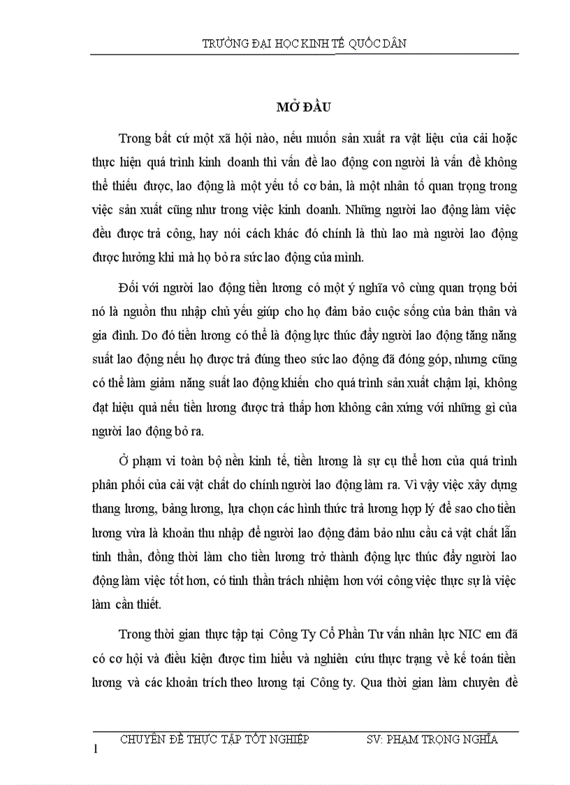 Thực trạng kế toán lao động tiền lương các khoản trích theo lương tại C ty CP tư vấn nhân lực NIC
