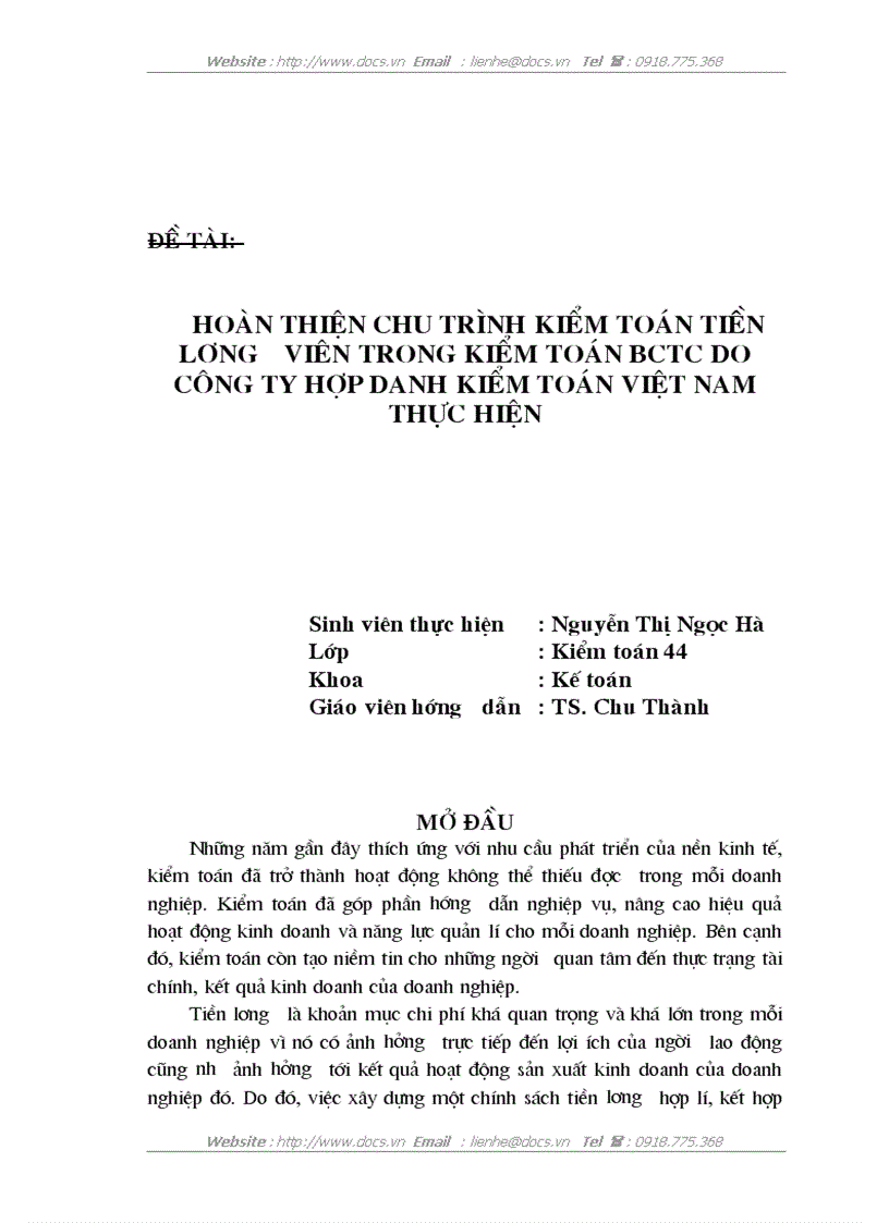 Hoàn thiện chu trình kiểm toán tiền lương viên trong kiểm toán bctc do công ty hợp danh kiểm toán việt nam thực hiện