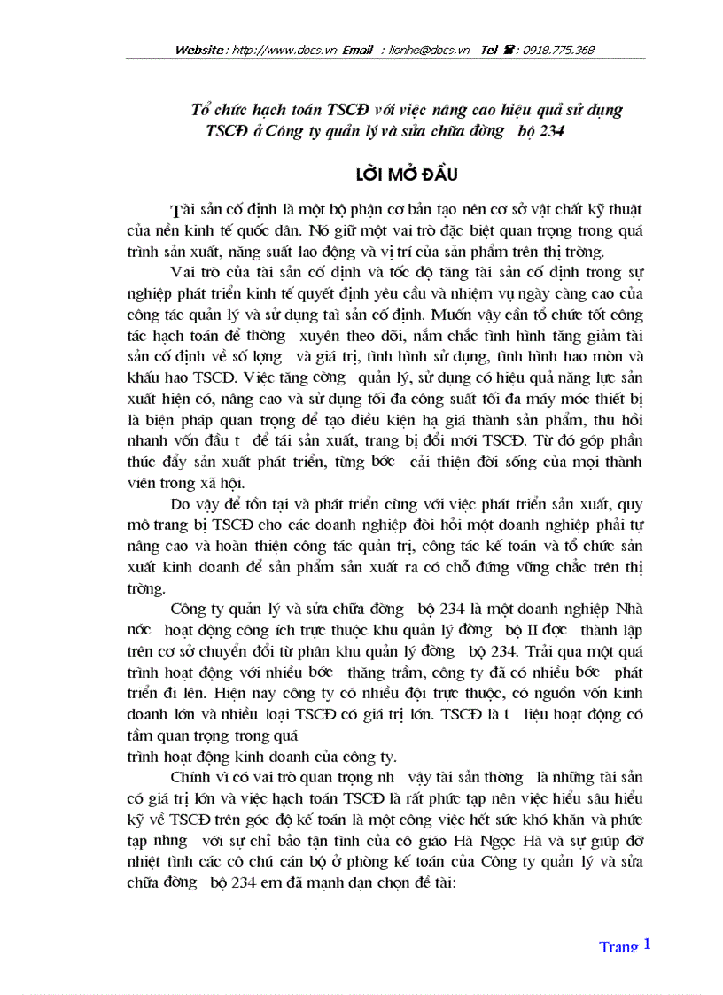 Tổ chức hạch toán TSCĐ với việc nâng cao hiệu quả sử dụng TSCĐ ở Công ty quản lý và sửa chữa đường bộ 234