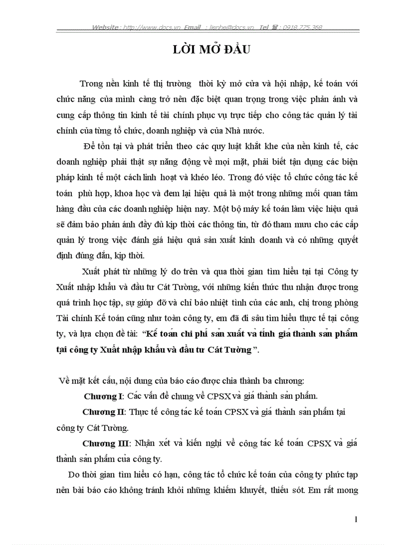 Kê toa n chi phi sa n xuâ t va ti nh gia tha nh sa n phâ m ta i công ty Xuất nhập khẩu và đầu tư Cát Tường