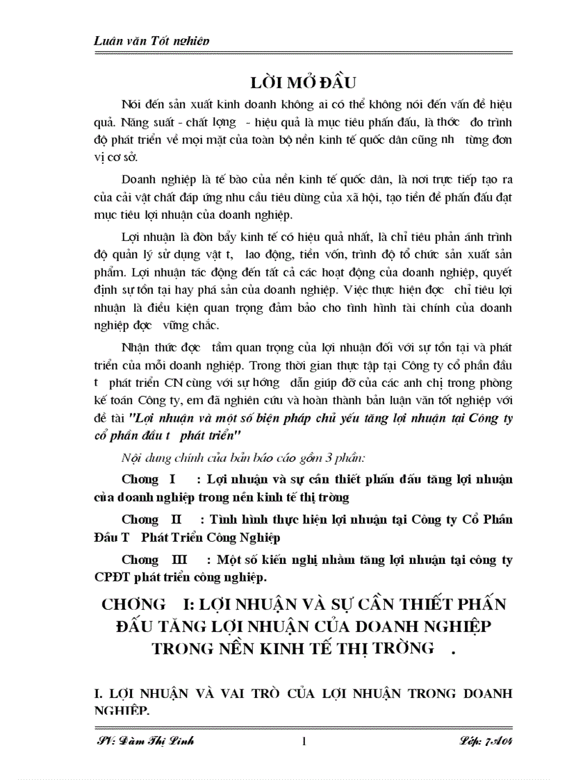 Lợi nhuận và một số biện pháp chủ yếu tăng lợi nhuận tại Công ty cổ phần đầu tư phát triển
