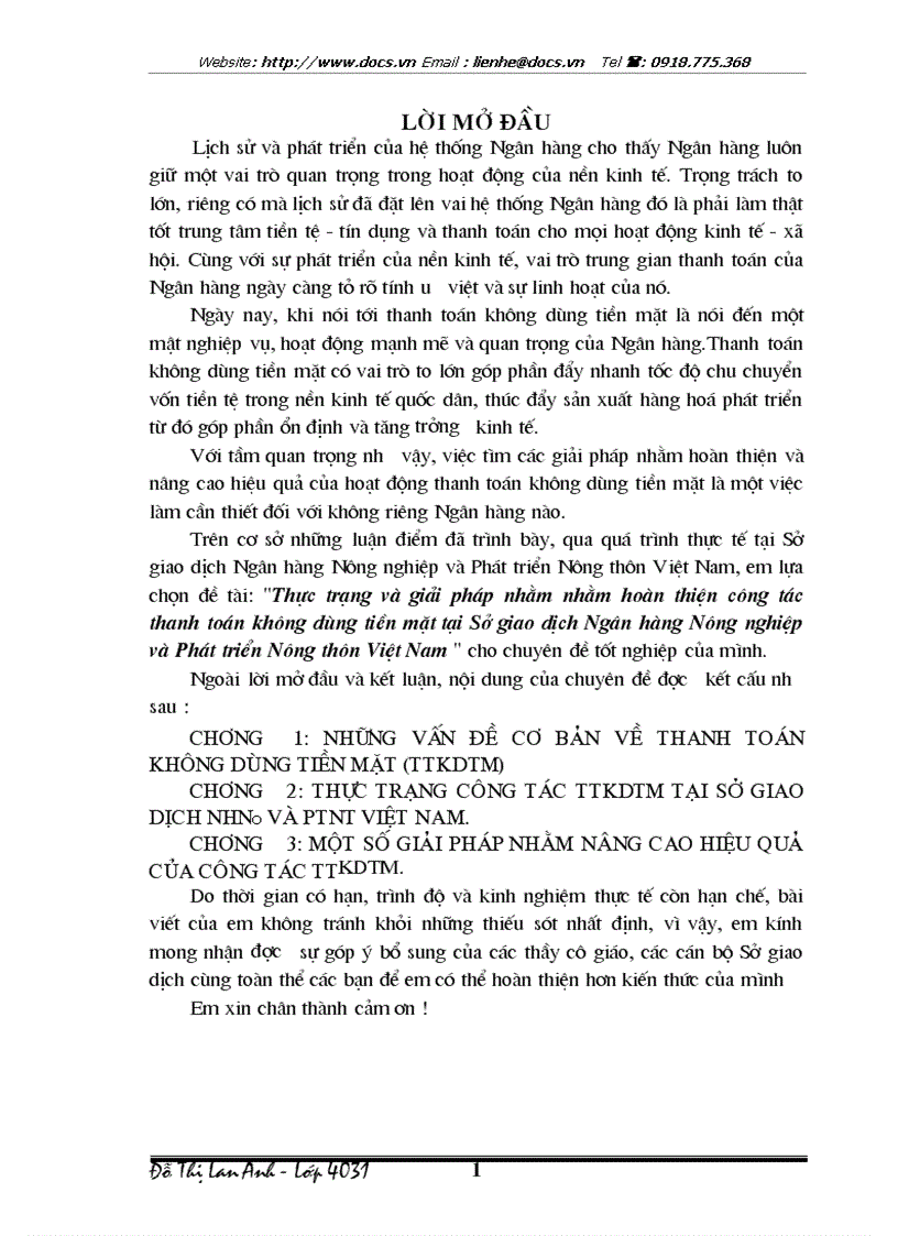 Thực trạng và giải pháp nhằm nhằm hoàn thiện công tác thanh toán không dùng tiền mặt tại Sở Giao dịch ngânhàng NHNo PTNT AgriBank Việt Nam