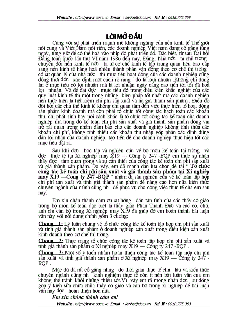 Tổ chức công tác kế toán chi phí sản xuất và giá thành sản phẩm tại Xí nghiệp may X19 Công ty 247 BQP