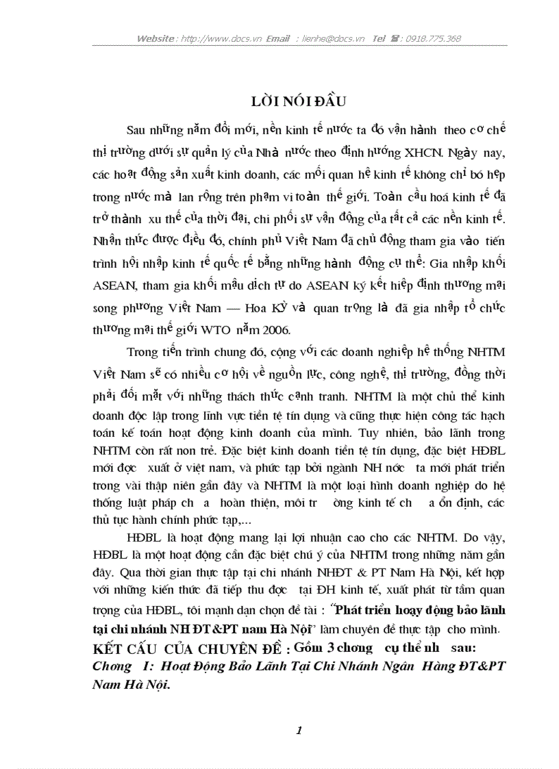 Phát triển hoạt động bảo lãnh tại chi nhánh NH ĐT PT nam Hà Nội