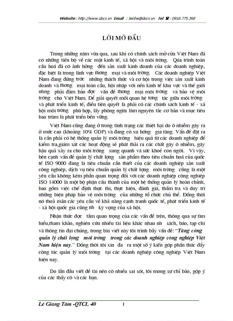 Tăng cường quản lý chất lượng môi trường trong các doanh nghiệp công nghiệp Việt Nam hiện nay