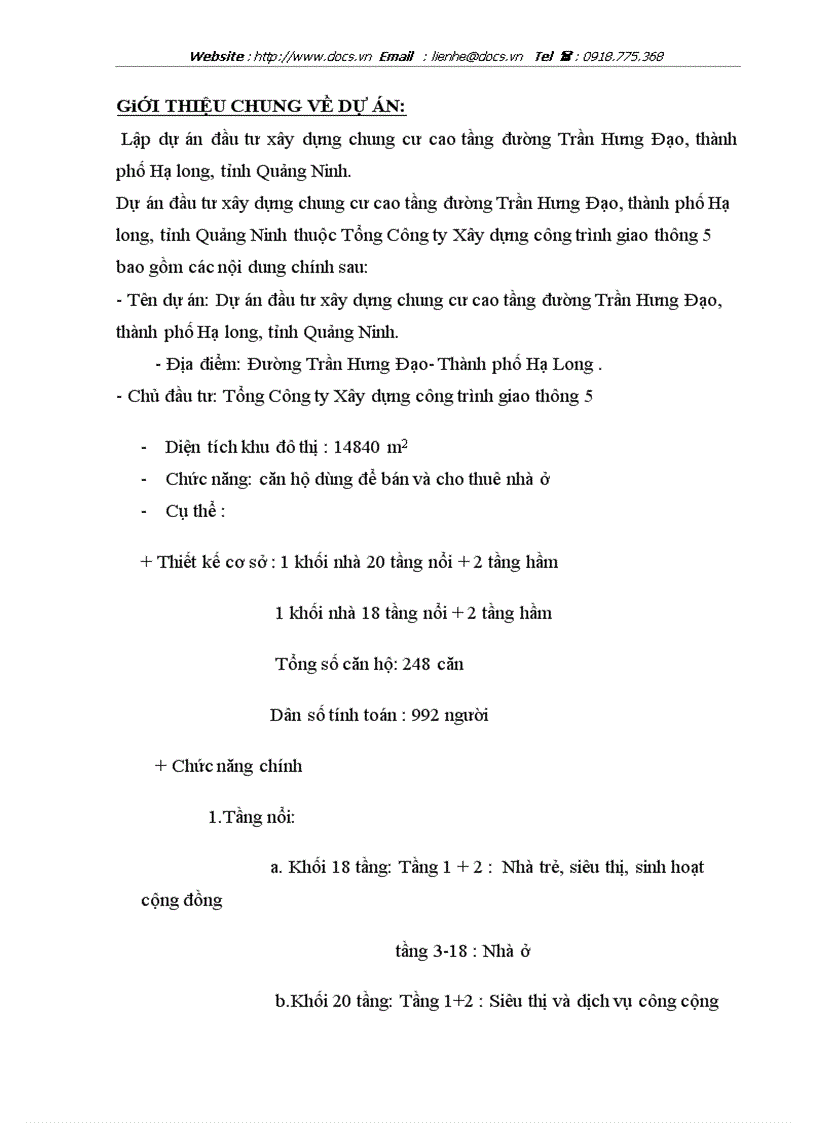 Lập dự án đầu tư xây dựng chung cư cao tầng đường Trần Hưng Đạo thành phố Hạ Long tỉnh Quảng Ninh lt dự án gt