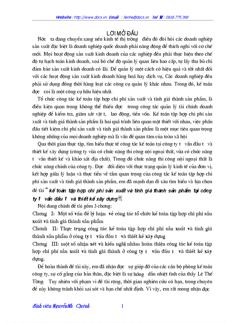 Kế toán tập hợp chi phí sản xuất và tính giá thành sản phẩm tại Công ty tư vấn đầu tư và thiết kế xây dựng