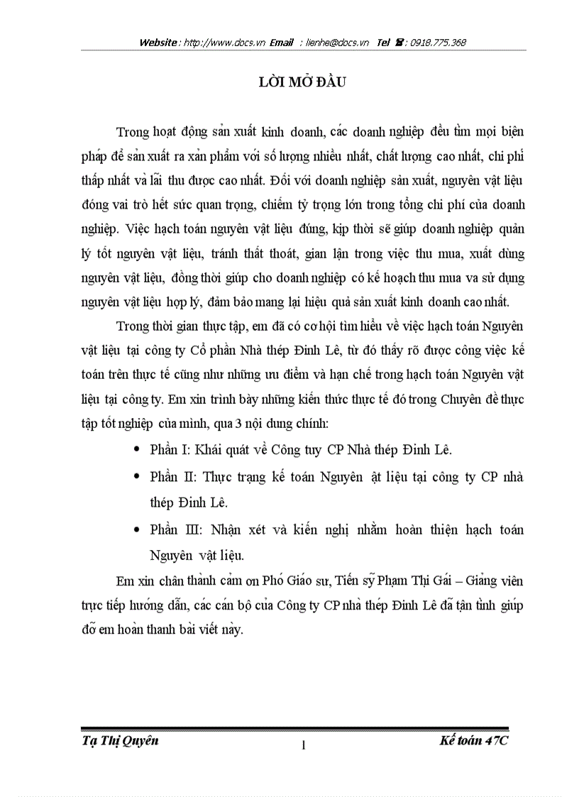 Thực trạng kế toán Nguyên ật liệu tại công ty CP nhà thép Đinh Lê