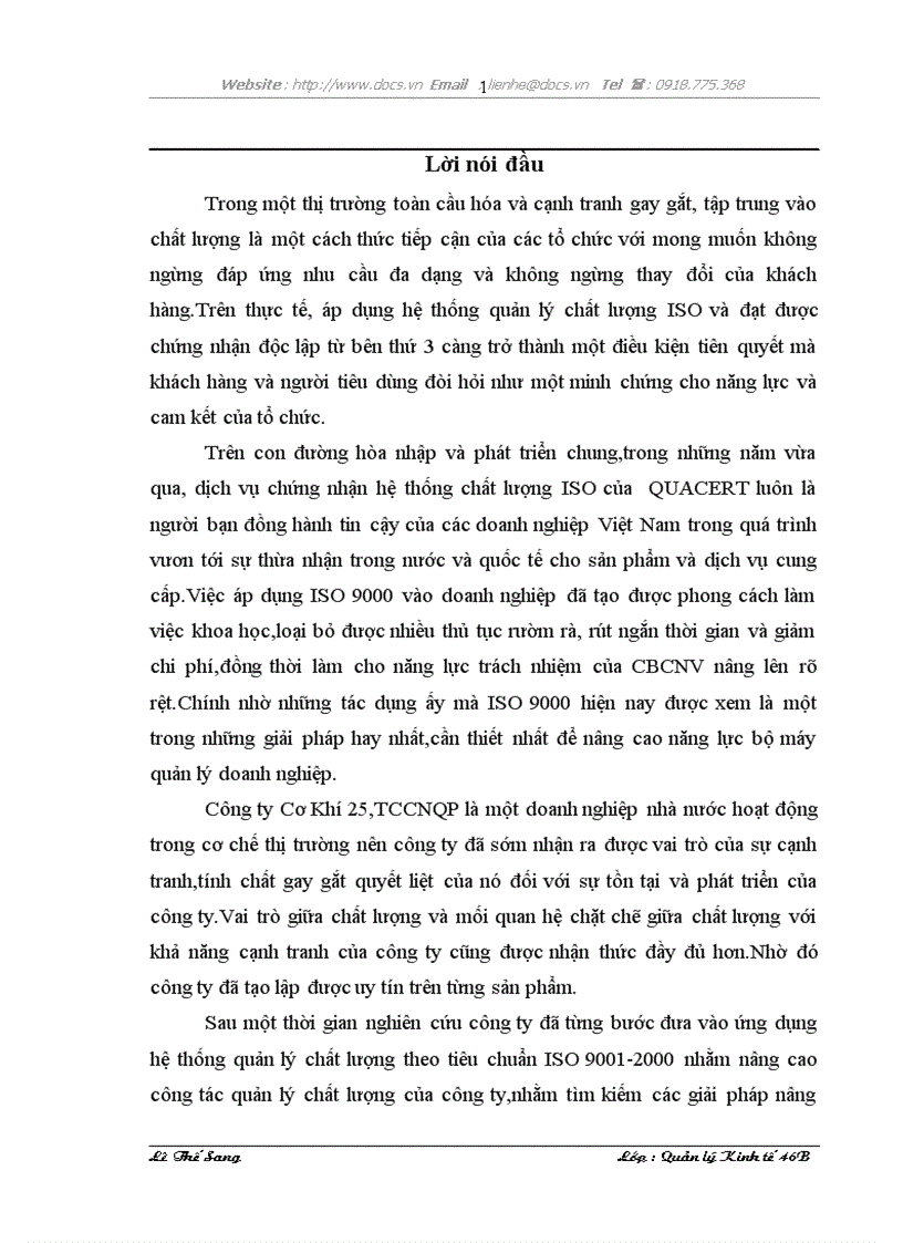 Một số giải pháp nhằm hoàn thiện hệ thống quản lý chất lượng theo tiêu chuẩn ISO 9001 2000 ở công ty cơ khí 25 TCCN