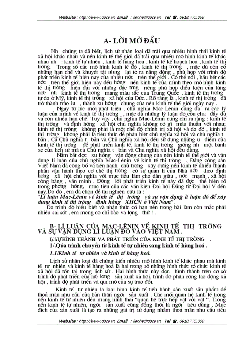 Lí luận Mac Lênin về kinh tế thị trường và sự vận dụng lí luận đó để xây dựng kinh tế thị trường định hướng XHCN ở Việt Nam