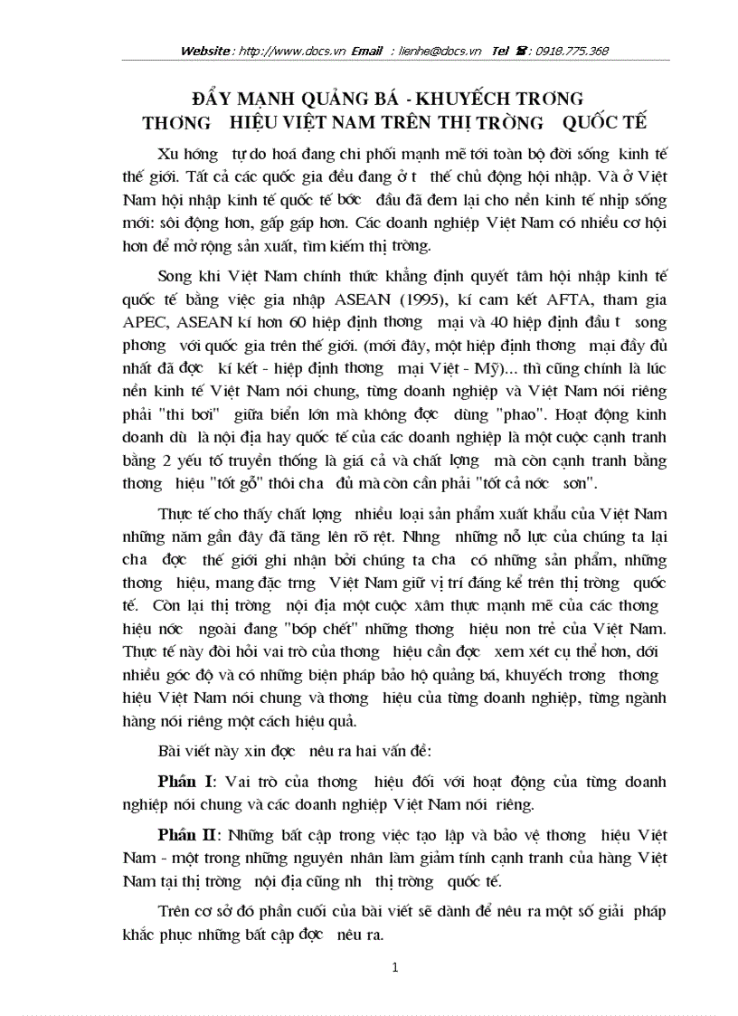Đẩy mạnh quảng bá khuyếch trương thương hiệu việt nam trên thị trường quốc tế