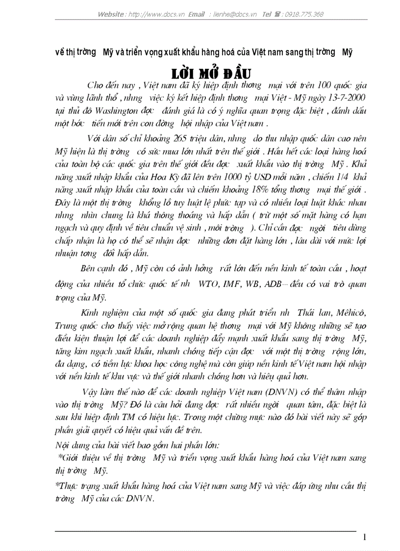 Thị trường Mỹ và triển vọng xuất khẩu hàng hoá của Việt nam sang thị trường Mỹ