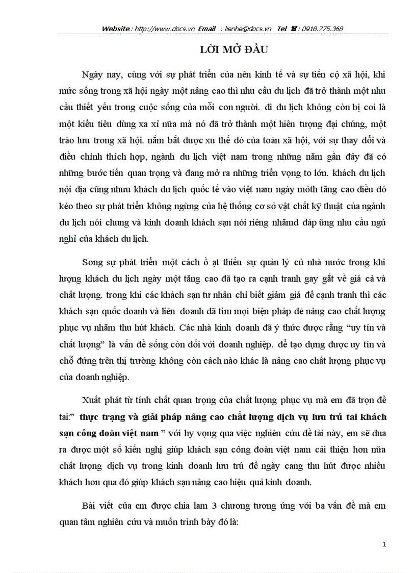 Thực trạng và giải pháp nâng cao chất lượng dịch vụ lưu trú tai khách sạn công đoàn việt nam