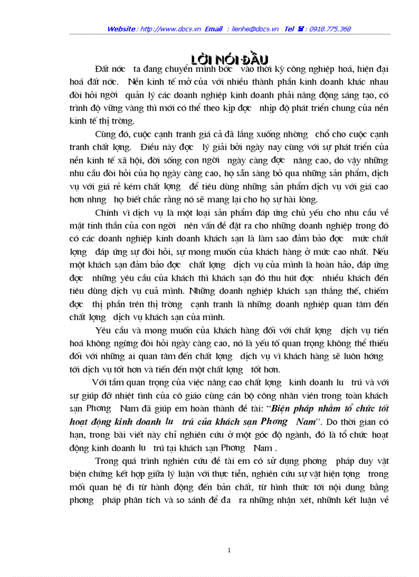 Biện pháp nhằm tổ chức tốt hoạt động kinh doanh lưu trú của khách sạn Phương Nam