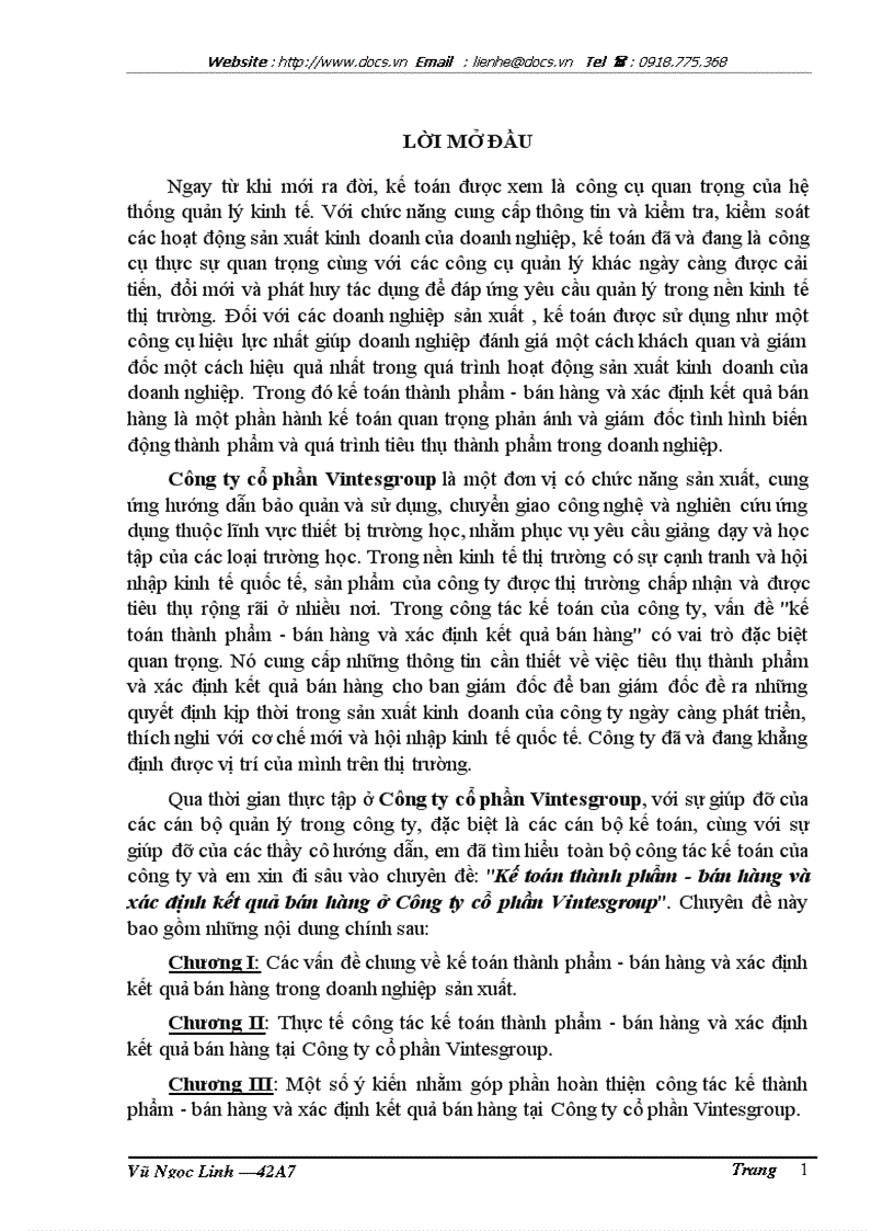 Kế toán thành phẩm bán hàng và xác định kết quả bán hàng ở Công ty cổ phần Vintesgroup