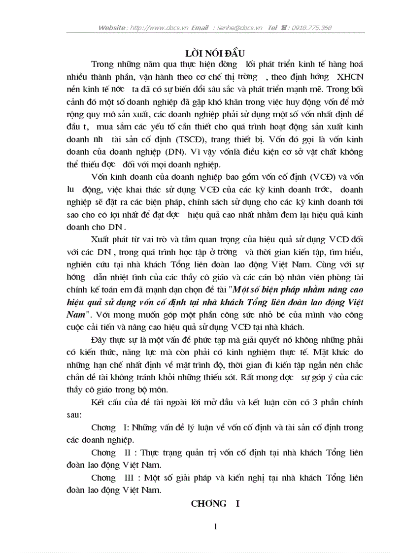 1số biện pháp nhằm nâng cao hiệu quả sử dụng VCĐ tại nhà khách Tổng liên đoàn lao động VN