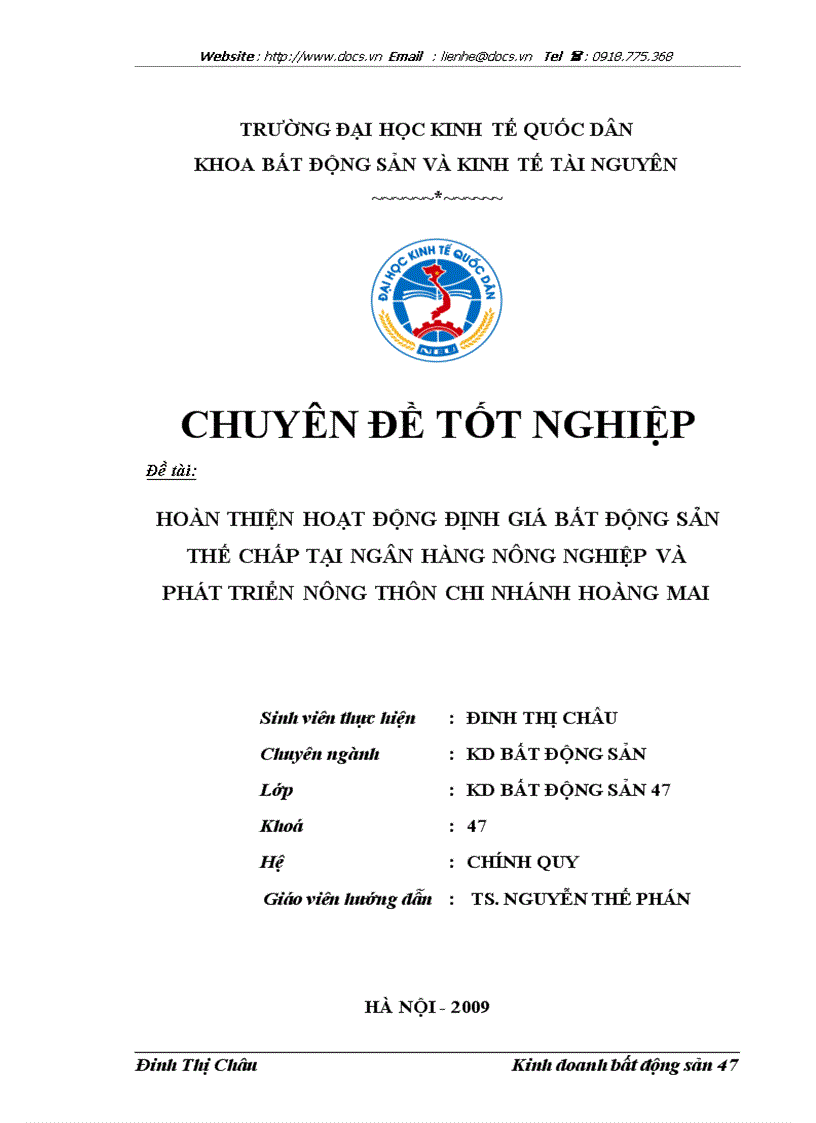 Hoàn thiện hoạt động định giá bất động sản thế chấp tại ngân hàng nông nghiệp và phát triển nông thôn chi nhánh hoàng mai