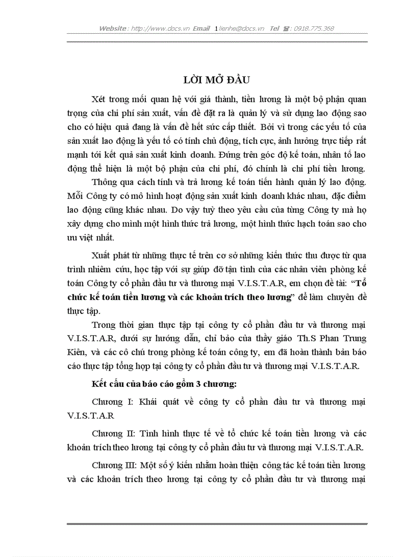 Tổ chức kế toán tiền lương và các khoản trích theo lương tại công ty cổ phần đầu tư và thương mại V I S T A R