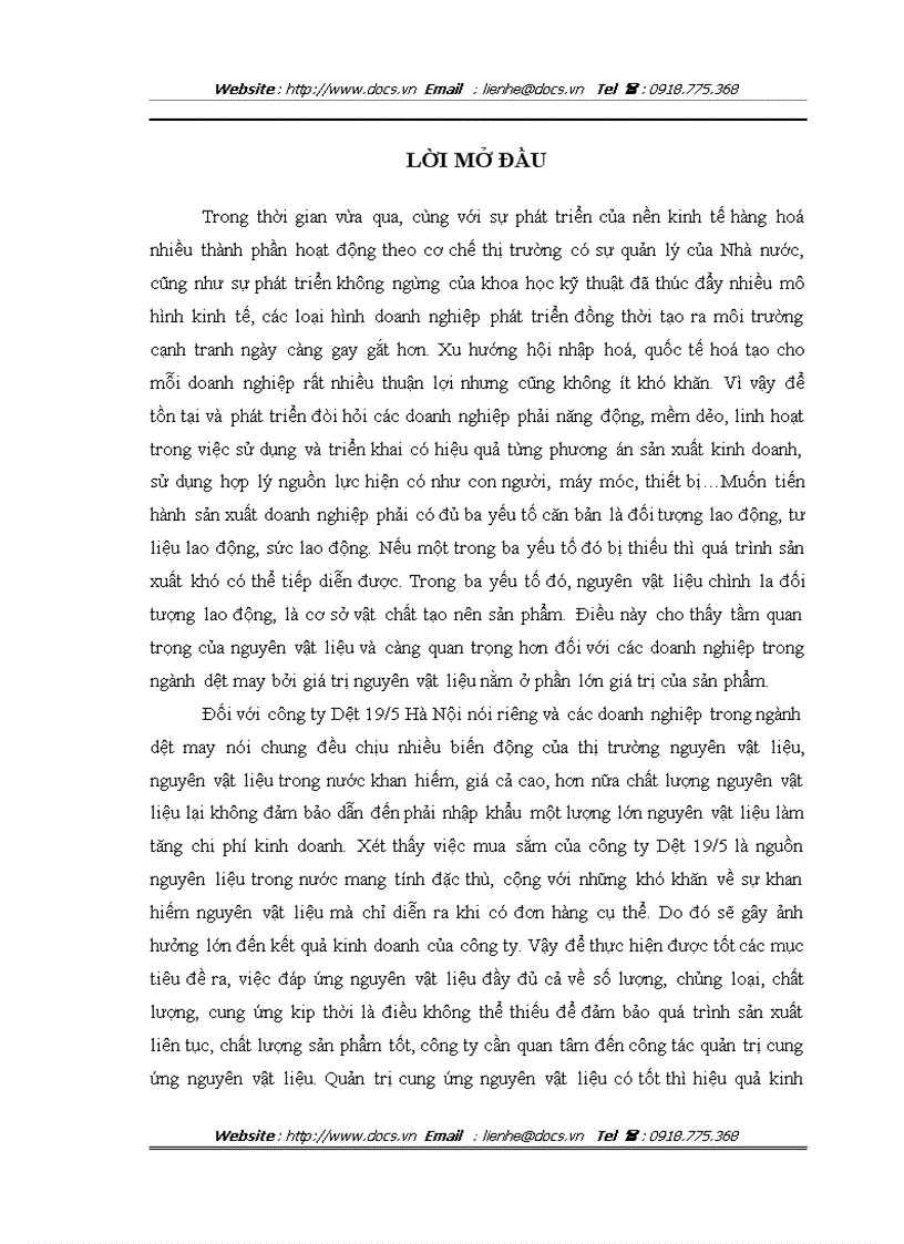 Hoàn thiện công tác cung ứng nguyên vật liệu tại công ty Trách nhiệm hữu hạn nhà nước một thành viên Dệt 19 5 Hà Nội
