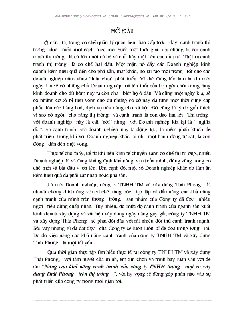 Nâng cao khả năng cạnh tranh của công ty TNHH thương mại và xây dựng Thái Phương trên thị trường