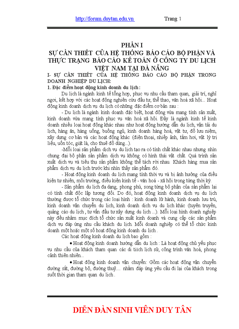 Sự cần thiết của hệ thống báo cáo bộ phận và thực trạng báo cáo kế toán ở công ty du lịch việt nam tại đà nẵng