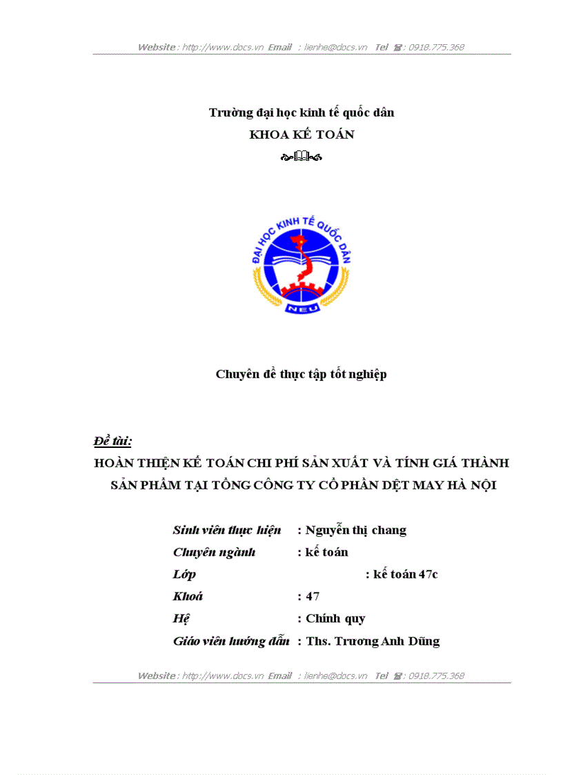 Hoàn thiện kế toán chi phí sản xuất và tính giá thành sản phẩm tại tổng công ty cổ phần dệt may hà nội
