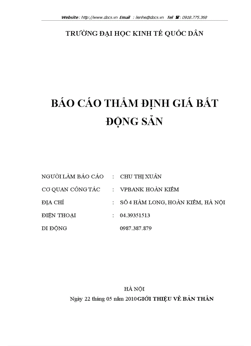 Báo cáo thẩm định giá bất động sản lt Báo cáo bất động sản gt