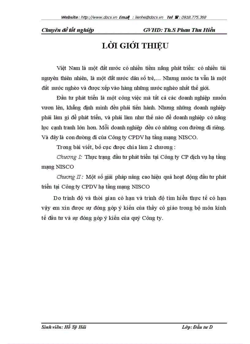 Một số giải pháp nâng cao hiệu quả hoạt động đầu tư phát triển tại công ty cpdv hạ tầng mạng nisco