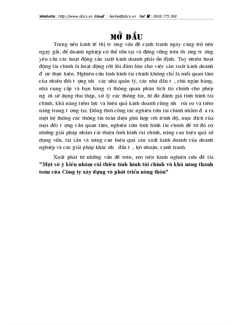 1số ý kiến nhằm cải thiện tình hình tài chính và khả năng thanh toán của Công ty Xây dựng và phát triển nông thôn