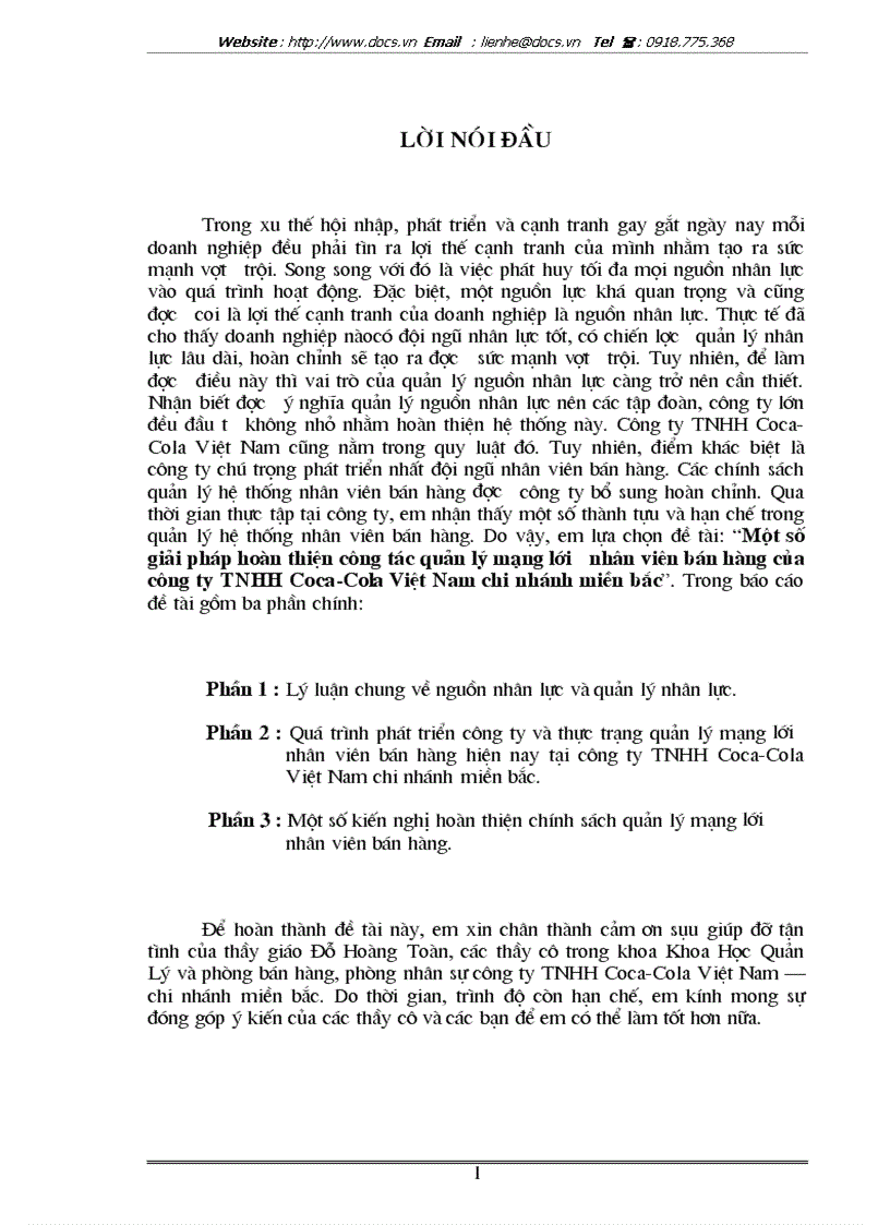 Một số giải pháp hoàn thiện công tác quản lý mạng lưới nhân viên bán hàng của công ty TNHH Coca Cola Việt Nam chi nhánh miền bắc