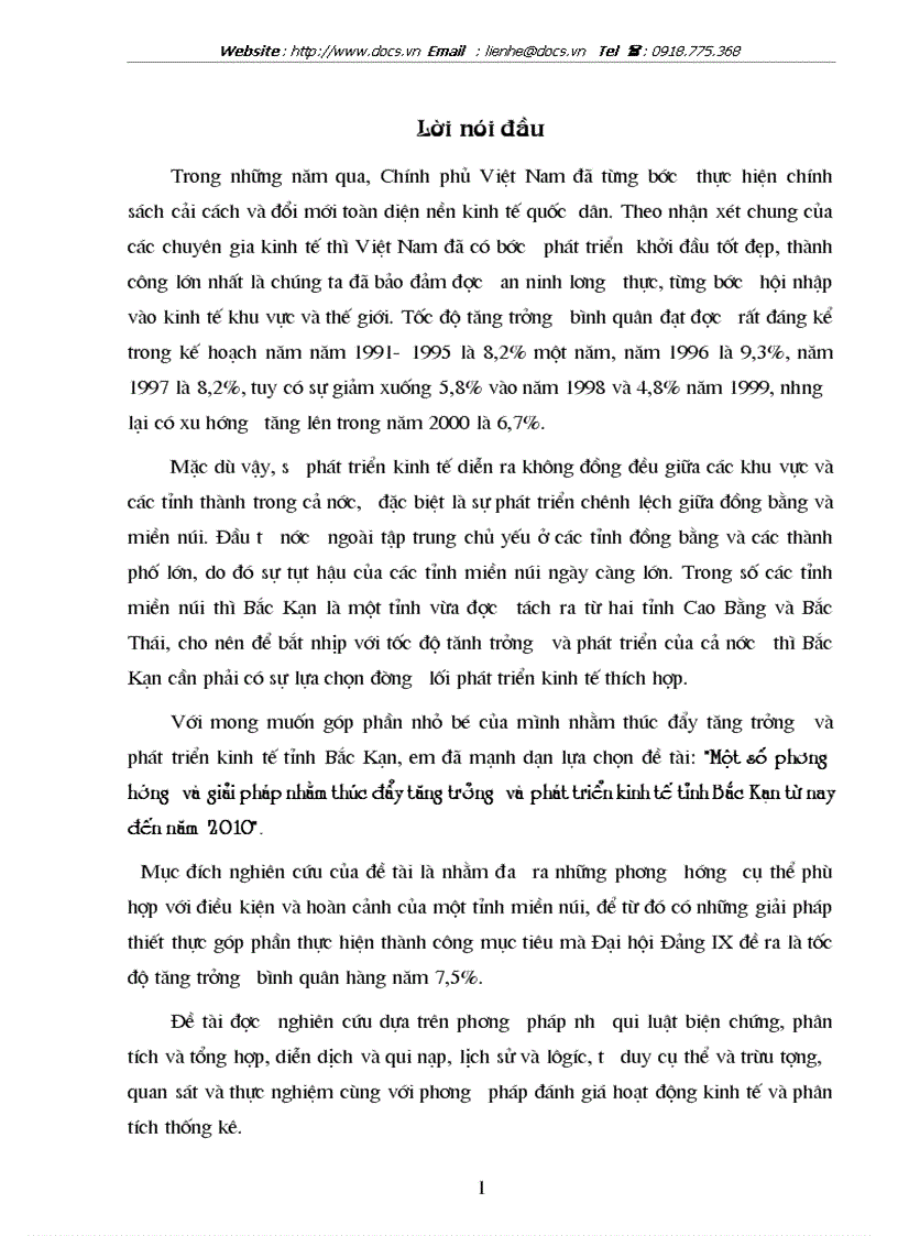 1số phương hướng và giải pháp nhằm thúc đẩy tăng trưởng và phát triển kinh tế tỉnh Bắc Kạn từ nay đến năm 2010