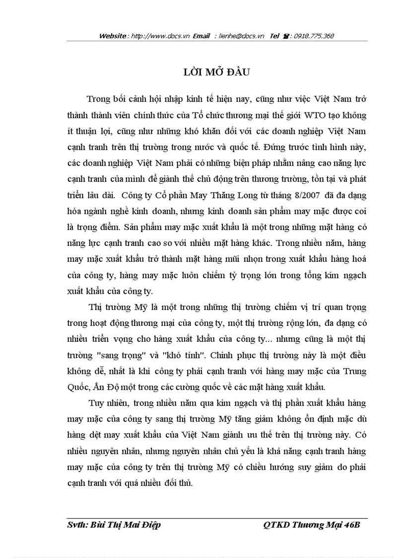 Nâng cao năng lực cạnh tranh của sản phẩm may mặc xuất khẩu của Công ty cổ phần May Thăng Long trên thị trường Mỹ