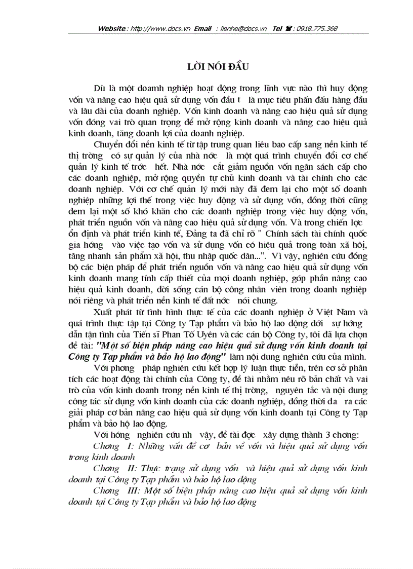 1số biện pháp nâng cao hiệu quả sử dụng vốn kinh doanh tại Công ty tạp phẩm và bảo hộ lao động