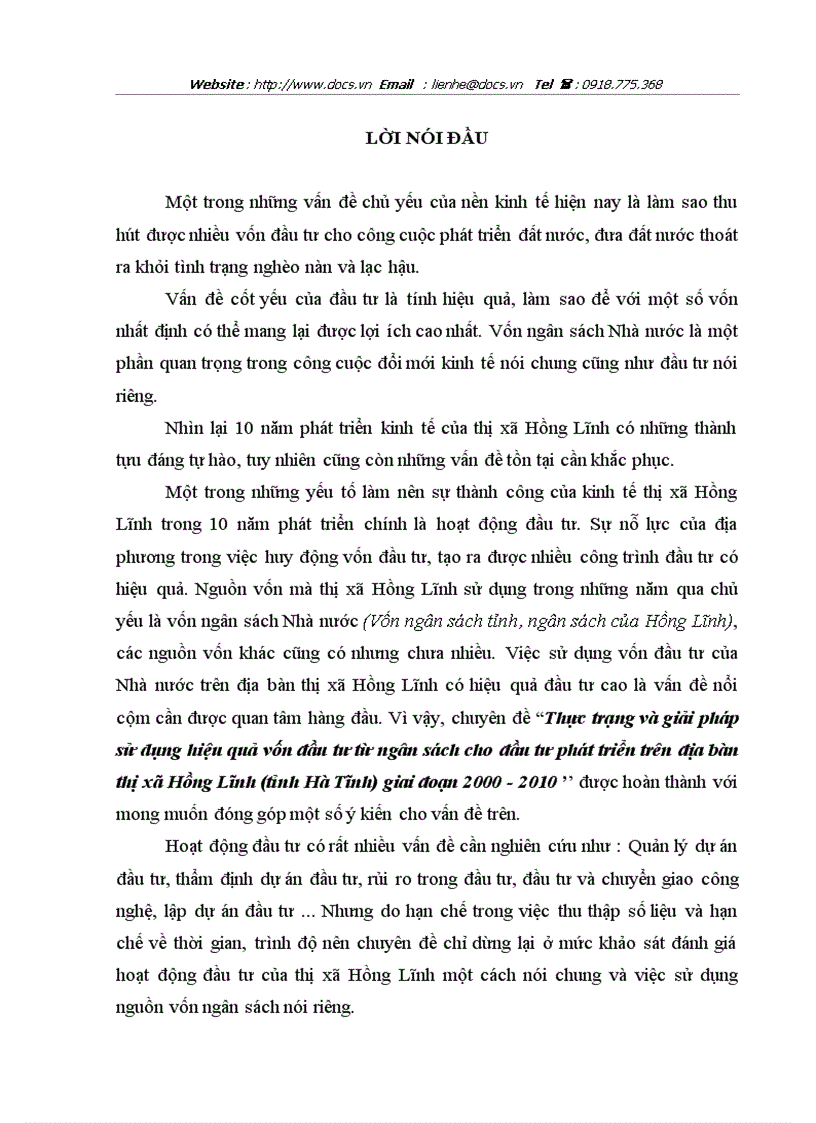 Thực trạng và giải pháp sử dụng hiệu quả vốn đầu tư từ ngân sách cho đầu tư phát triển trên địa bàn thị xã Hồng Lĩnh tỉnh Hà Tĩnh giai đoạn 2000 2