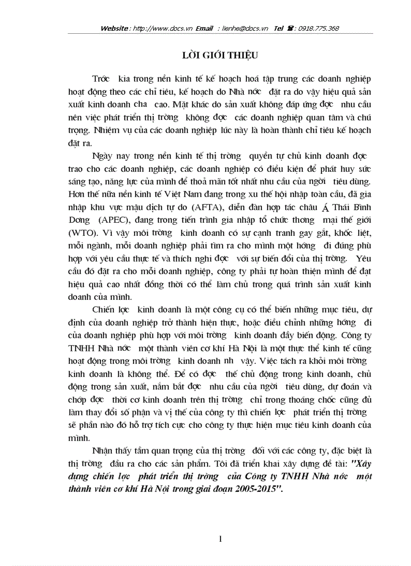 Xây dựng chiến lược phát triển thị trường của Công ty TNHH Nhà nước một thành viên cơ khí Hà Nội trong giai đoạn 2005 2015