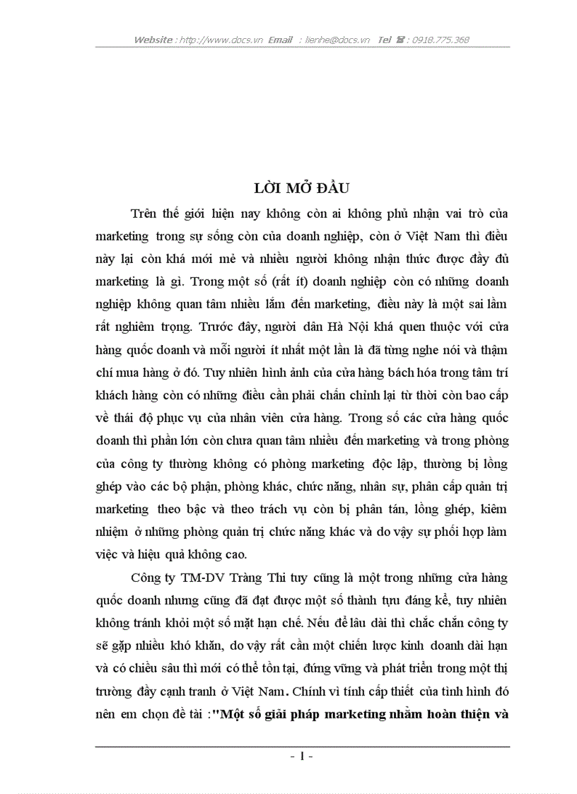Một số giải pháp marketing nhằm hoàn thiện và nâng cao mức độ thỏa mãn khách hàng của Công ty TM DV Tràng Thi