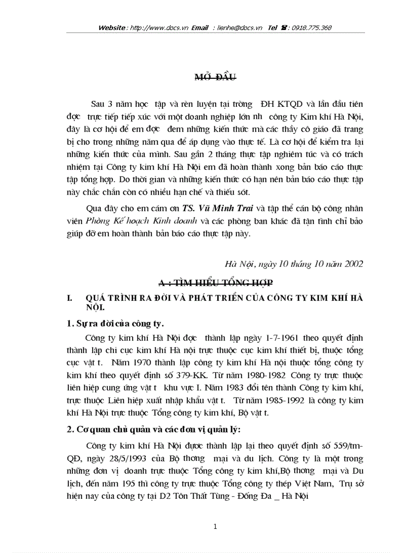 Báo cáo tổng hợp công ty Kim khí Hà Nội