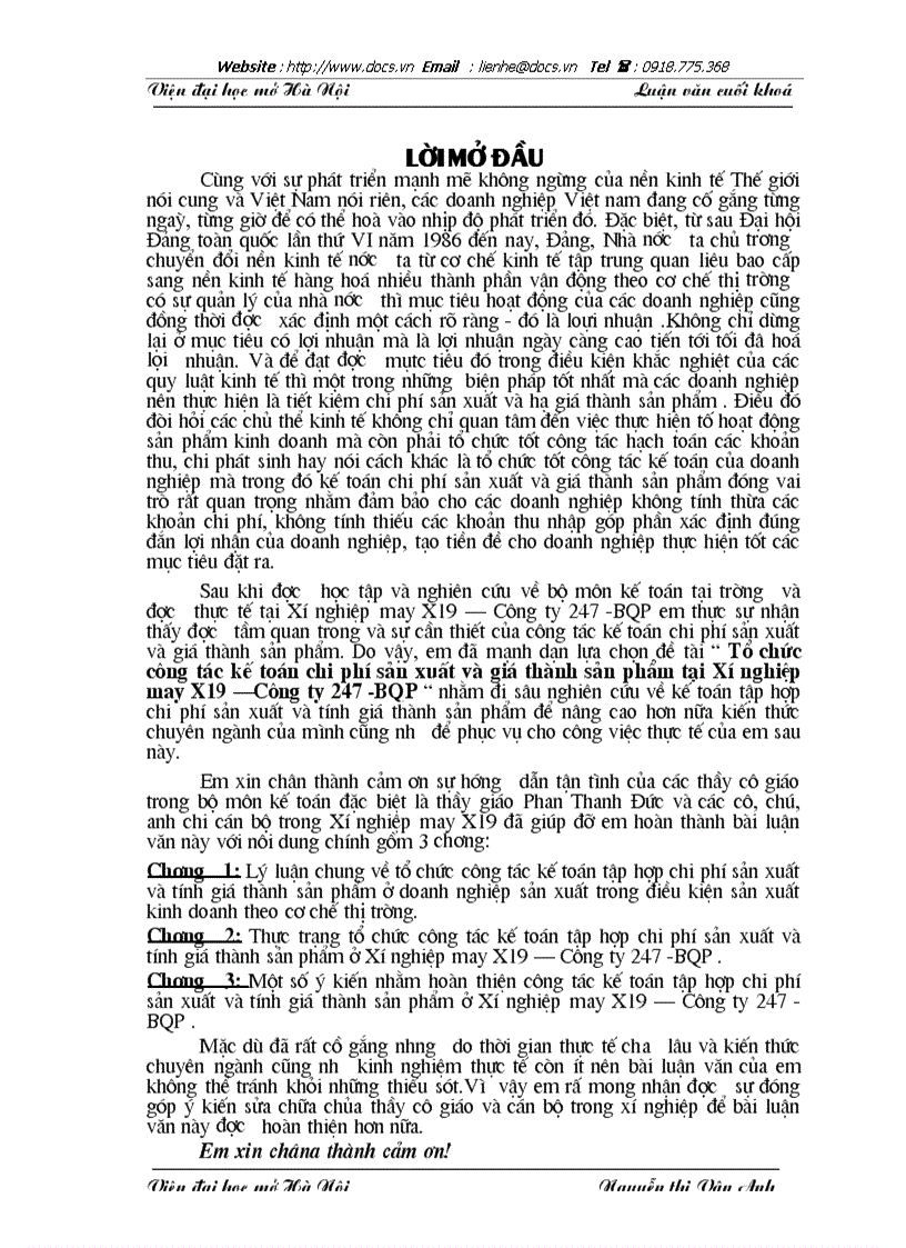 Tổ chức công tác kế toán chi phí sản xuất và giá thành sản phẩm tại Xí nghiệp may X19 Công ty 247 BQP