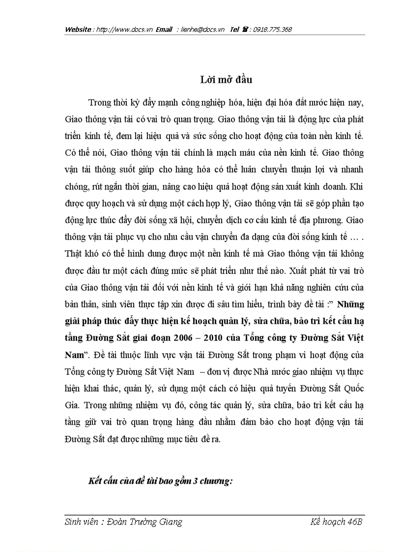 Những giải pháp thúc đẩy thực hiện kế hoạch quản lý sửa chữa bảo trì kết cấu hạ tầng Đường Sắt giai đoạn 2006 2010 của Tổng công ty Đường Sắt Việt