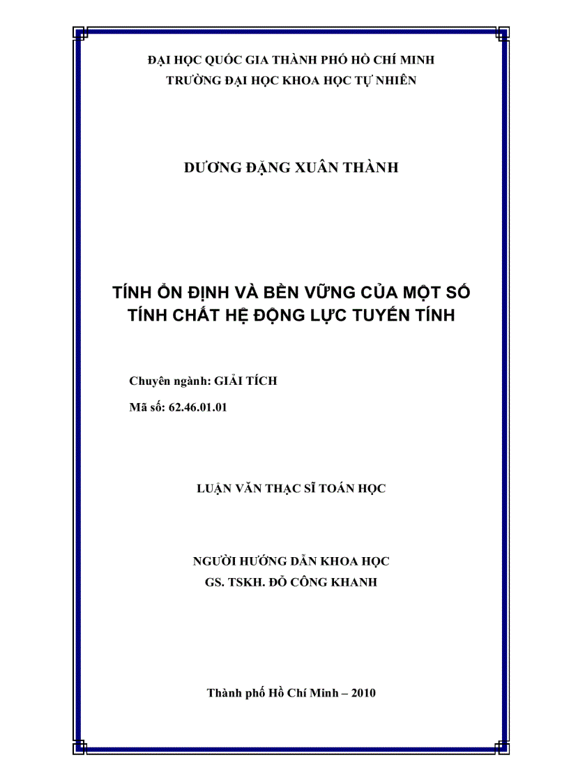 Tính ổn định và bền vững của một số tính chất hệ động lực tuyến tính