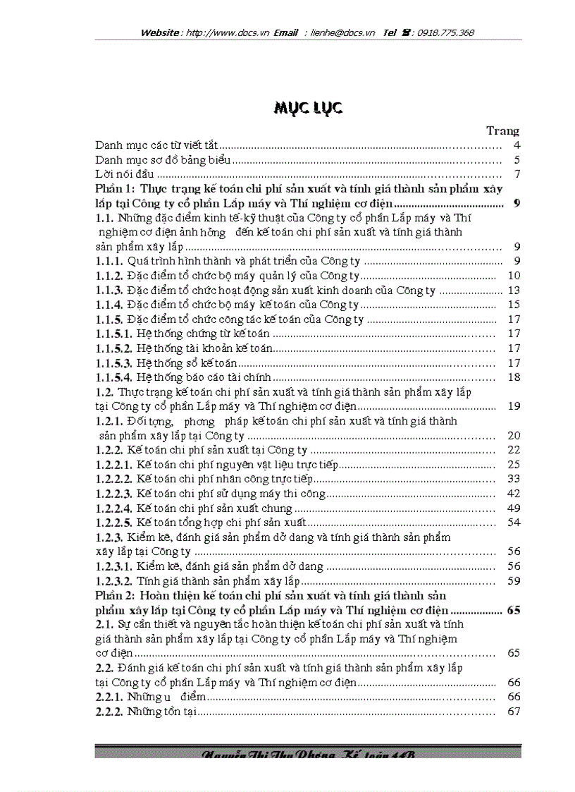 Kế toán chi phí sản xuất và tính giá thành sản phẩm xây lắp tại Công ty cổ phần Lắp máy và Thí nghiệm cơ điện