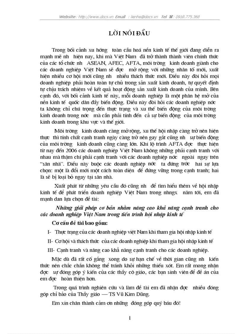 Những giải pháp cơ bản nhằm nâng cao khả năng cạnh tranh cho các doanh nghiệp Việt Nam trong tiến trình hội nhập kinh tế