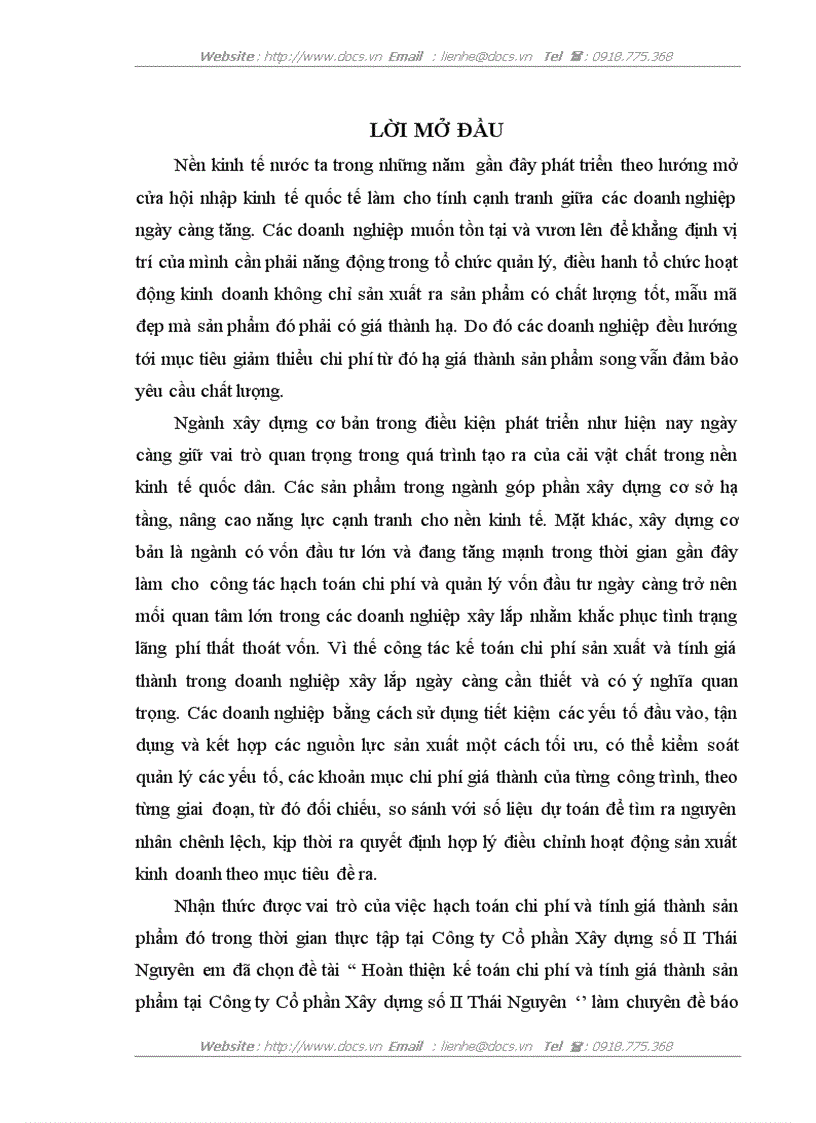 Hoàn thiện kế toán chi phí và tính giá thành sản phẩm tại Công ty Cổ phần Xây dựng số II Thái Nguyên