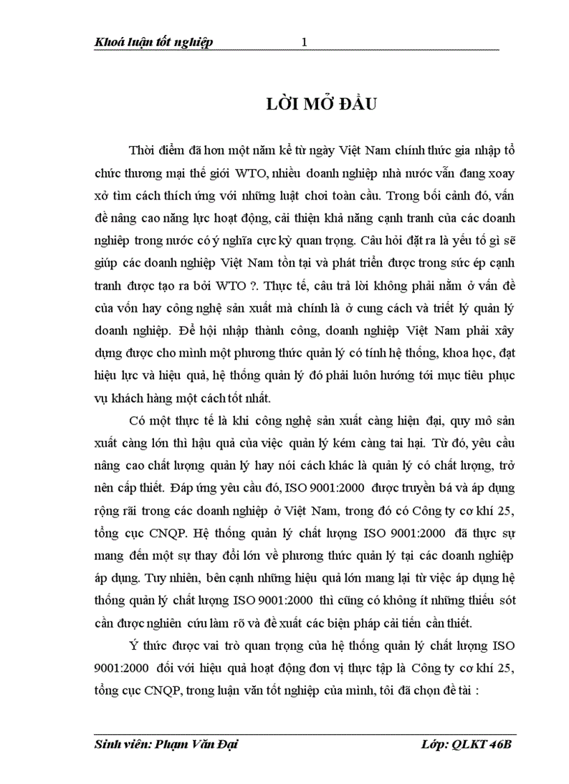 Một số giải pháp cải tiến hệ thống quản lý chất lượng ISO 9001 2000 tại Công ty cơ khí 25 Tổng cục CNQP