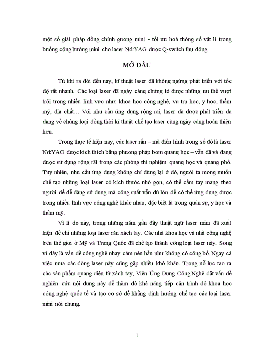 Một số giải pháp đồng chỉnh gương mini tối ưu hoá thông số vật lí trong buồng cộng hưởng mini cho laser Nd YAG được Q switch thụ động