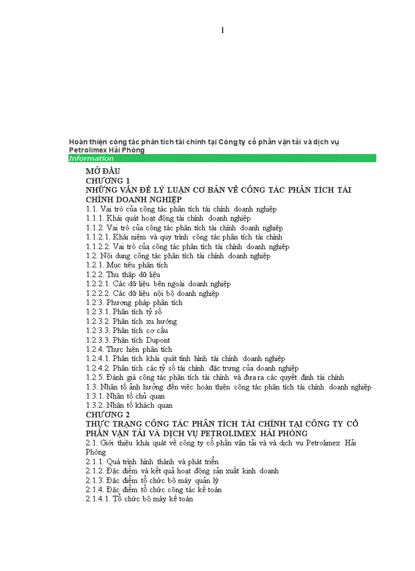 Hoàn thiện công tác phân tích tài chính tại Công ty cổ phần vận tải và dịch vụ Petrolimex Hải Phòng