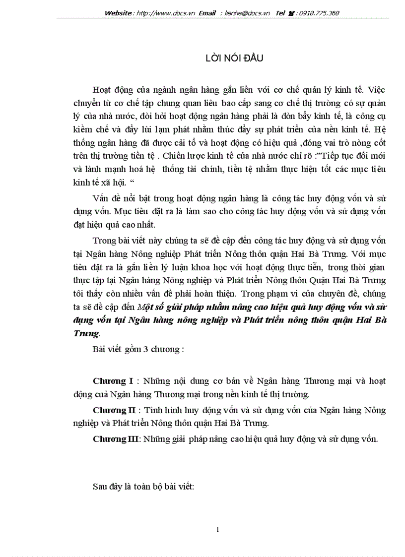 Một số giải phỏp nhằm nõng cao hiệu quả huy động vốn và sử dụng vốn tại Ngõn hàng nụng nghiệp và Phỏt triển nụng thụn quận Hai Bà Trưng