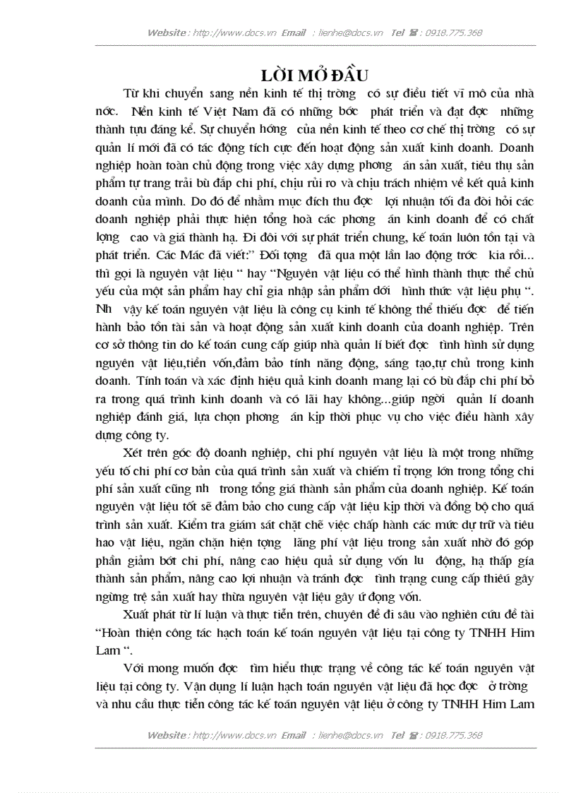 Hoàn thiện công tác hạch toán kế toán nguyên vật liệu tại công ty TNHH Him Lam