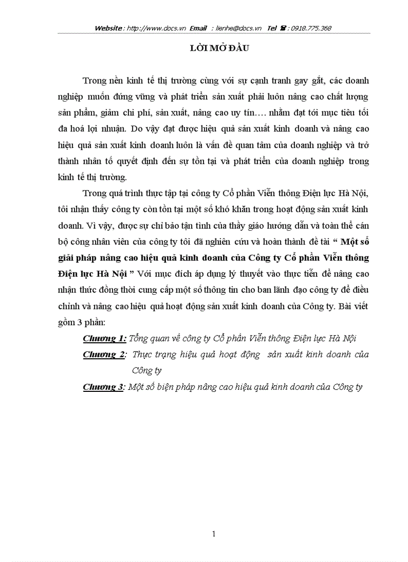 Một số giải pháp nâng cao hiệu quả kinh doanh của Công ty Cổ phần Viễn thông Điện lực Hà Nội